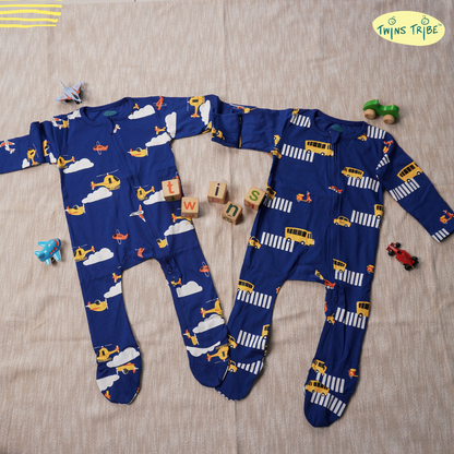 TwinsTribe Twins Rompers Set – Wheels & Wings