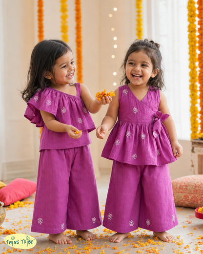 Purple Poetry – Embroidered Chanderi Top & Palazzo Sets for Twin Girls – TwinsTribe x Chhutkan Celebration Edit