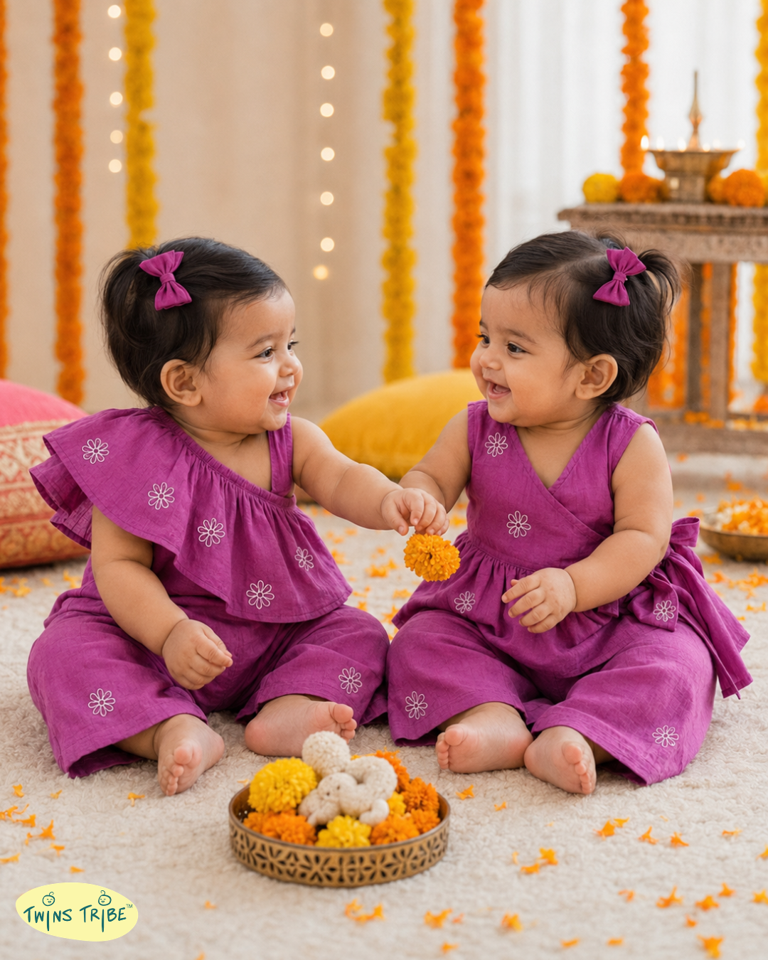 Purple Poetry – Embroidered Chanderi Top & Palazzo Sets for Twin Girls – TwinsTribe x Chhutkan Celebration Edit