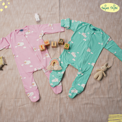 TwinsTribe Twins Rompers Set – Sheep and Bunnies