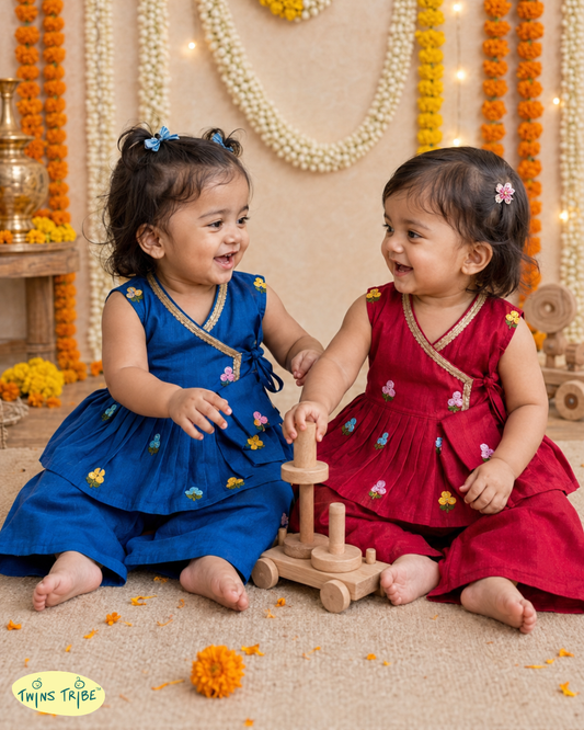 Royal Rhapsody - Royal Blue & Red Embroidered Chanderi Angrakha Palazzo Sets for Twin Girls – TwinsTribe x Chhutkan Celebration Edit