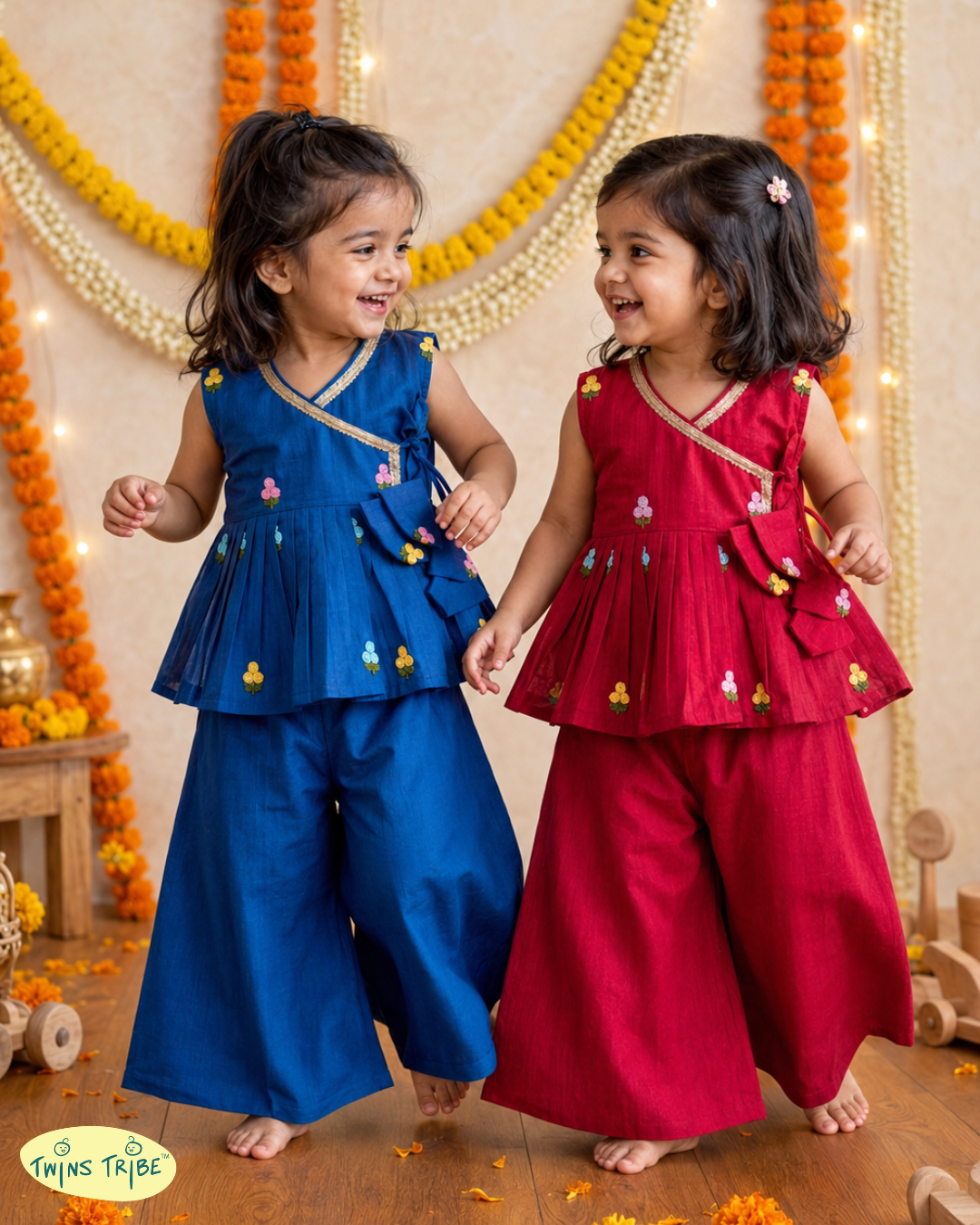 Royal Rhapsody - Royal Blue & Red Embroidered Chanderi Angrakha Palazzo Sets for Twin Girls – TwinsTribe x Chhutkan Celebration Edit