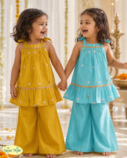 Golden Skies - Mustard Yellow & Blue Embroidered Chanderi Palazzo Sets for Twin Girls – TwinsTribe x Chhutkan Celebration Edit