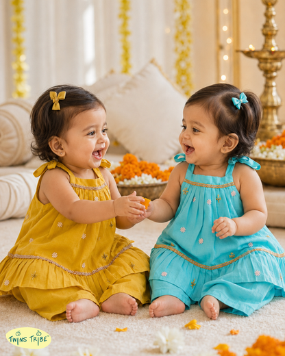 Golden Skies - Mustard Yellow & Blue Embroidered Chanderi Palazzo Sets for Twin Girls – TwinsTribe x Chhutkan Celebration Edit