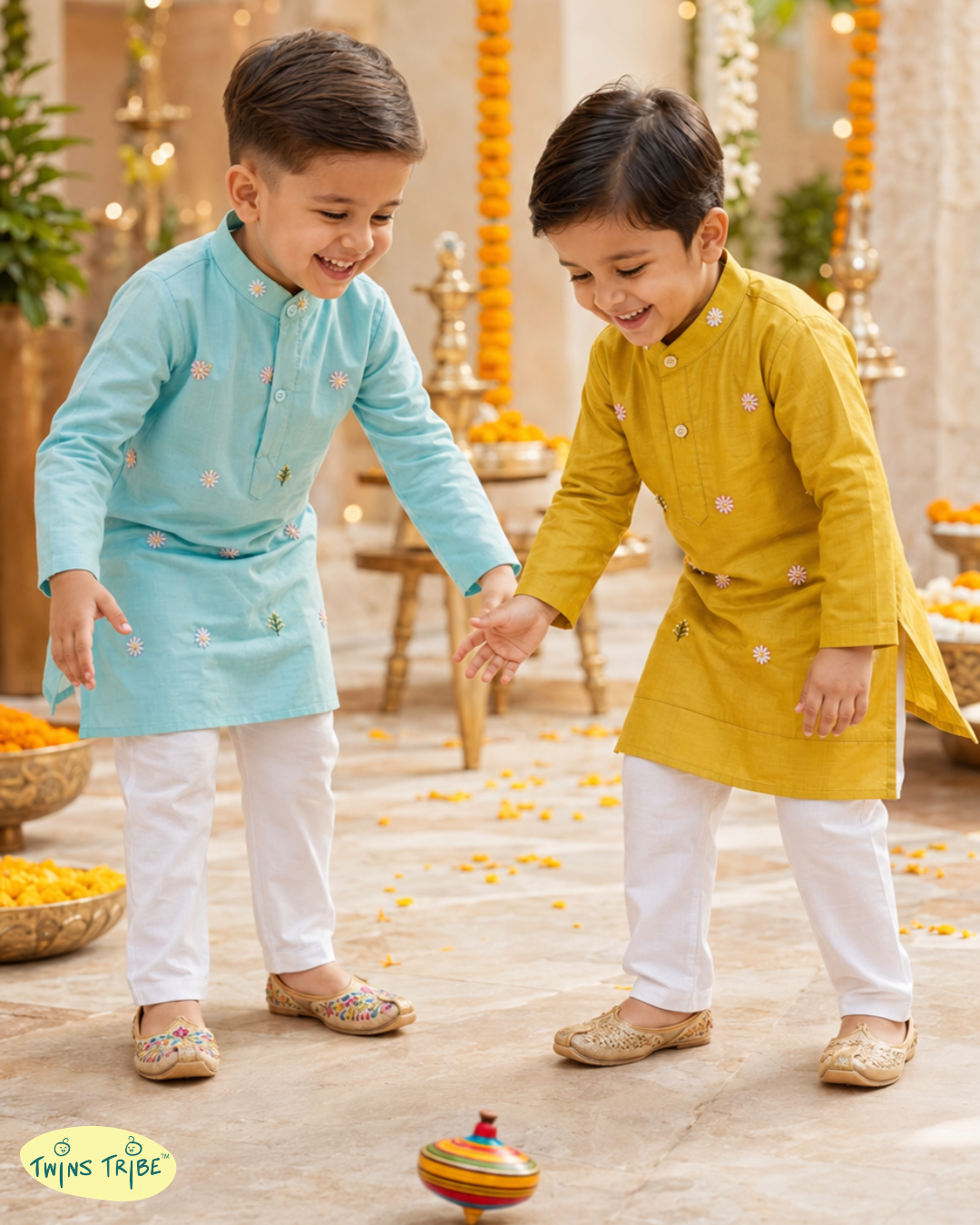 Sunlit Skies - Blue & Mustard Embroidered Chanderi Kurta Pajama Sets for Twin Boys – TwinsTribe x Chhutkan Celebration Edit