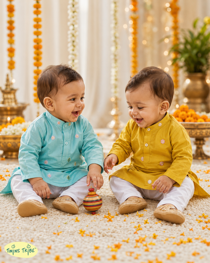 Sunlit Skies - Blue & Mustard Embroidered Chanderi Kurta Pajama Sets for Twin Boys – TwinsTribe x Chhutkan Celebration Edit