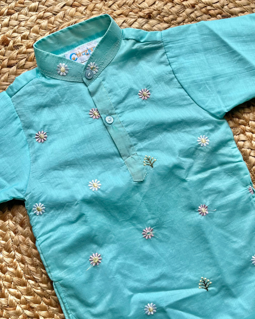 Sunlit Skies - Blue & Mustard Embroidered Chanderi Kurta Pajama Sets for Twin Boys – TwinsTribe x Chhutkan Celebration Edit