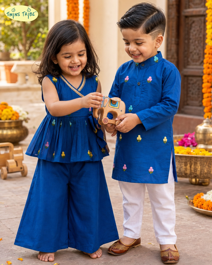 Bluebell Bliss - Royal Blue Embroidered Chanderi Kurta Pajama & Angrakha Palazzo Set for Twins – TwinsTribe x Chhutkan Celebration Edit