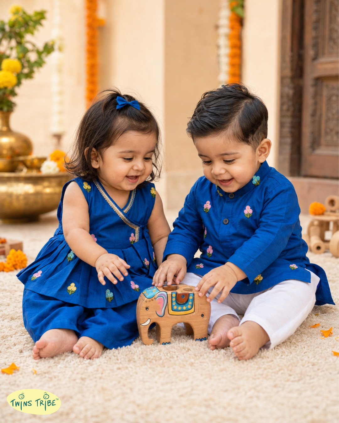 Bluebell Bliss - Royal Blue Embroidered Chanderi Kurta Pajama & Angrakha Palazzo Set for Twins – TwinsTribe x Chhutkan Celebration Edit