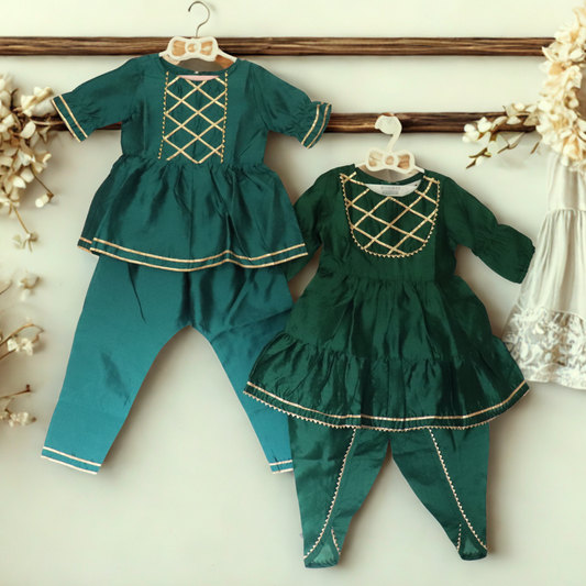 Twin Noor Set – Green & Golden Kurta Outfits - TwinsTribe x Critter Kids Festive Collection