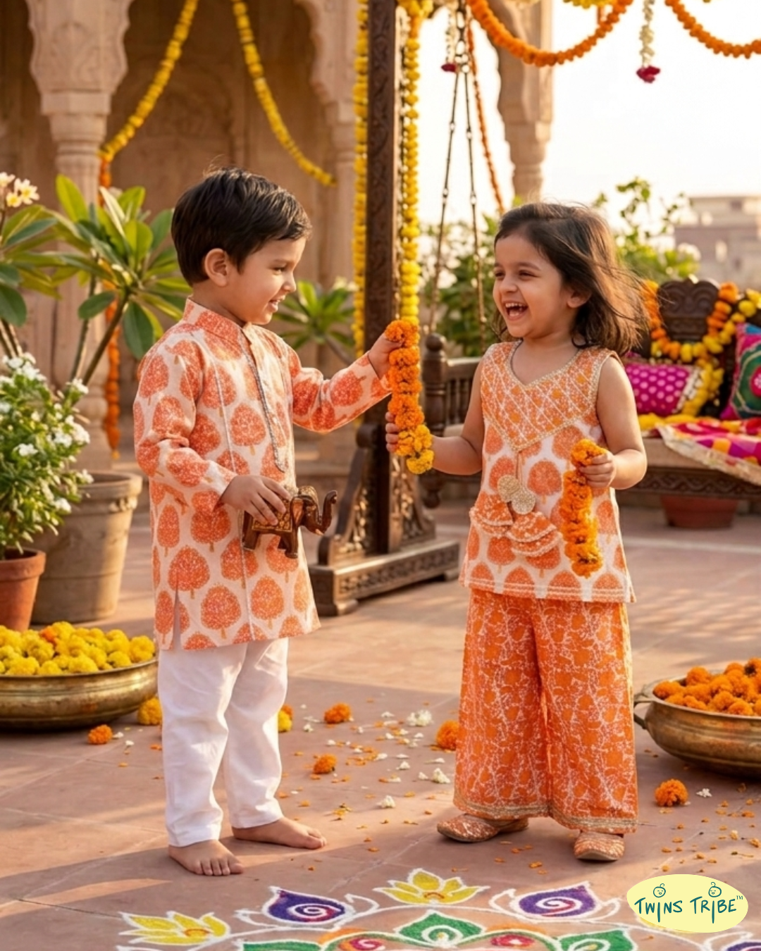 Twin Sunshine – Orange Printed Kurta Pajama & Palazzo Set for Twins – TwinsTribe x Chhutkan Celebration Edit