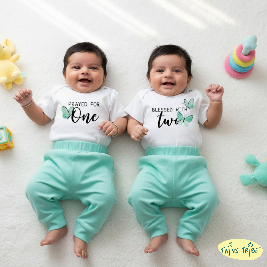 TwinsTribe Twins Tees Set – Prayed for One · Blessed with Two