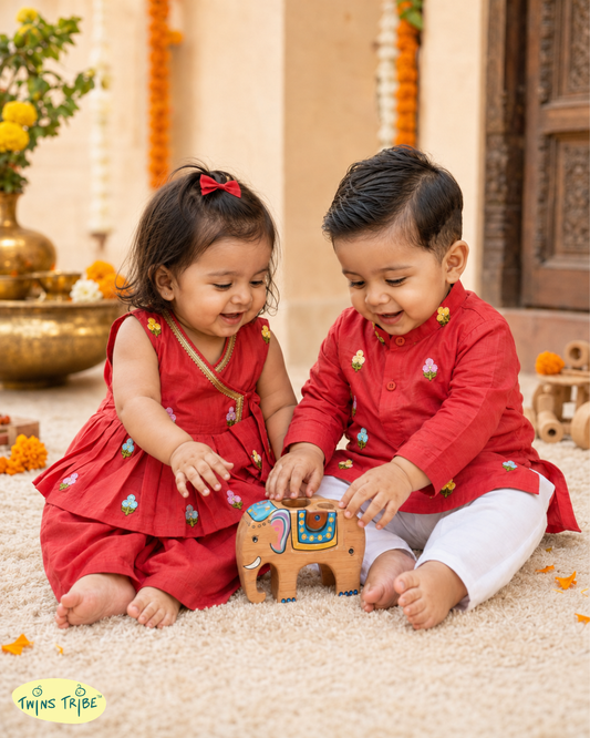 Laal Bahaar - Red Embroidered Chanderi Kurta Pajama & Angrakha Palazzo Set for Twins – TwinsTribe x Chhutkan Celebration Edit