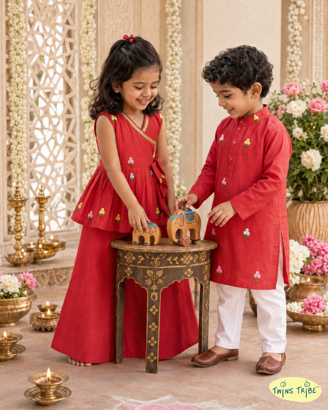 Laal Bahaar - Red Embroidered Chanderi Kurta Pajama & Angrakha Palazzo Set for Twins – TwinsTribe x Chhutkan Celebration Edit