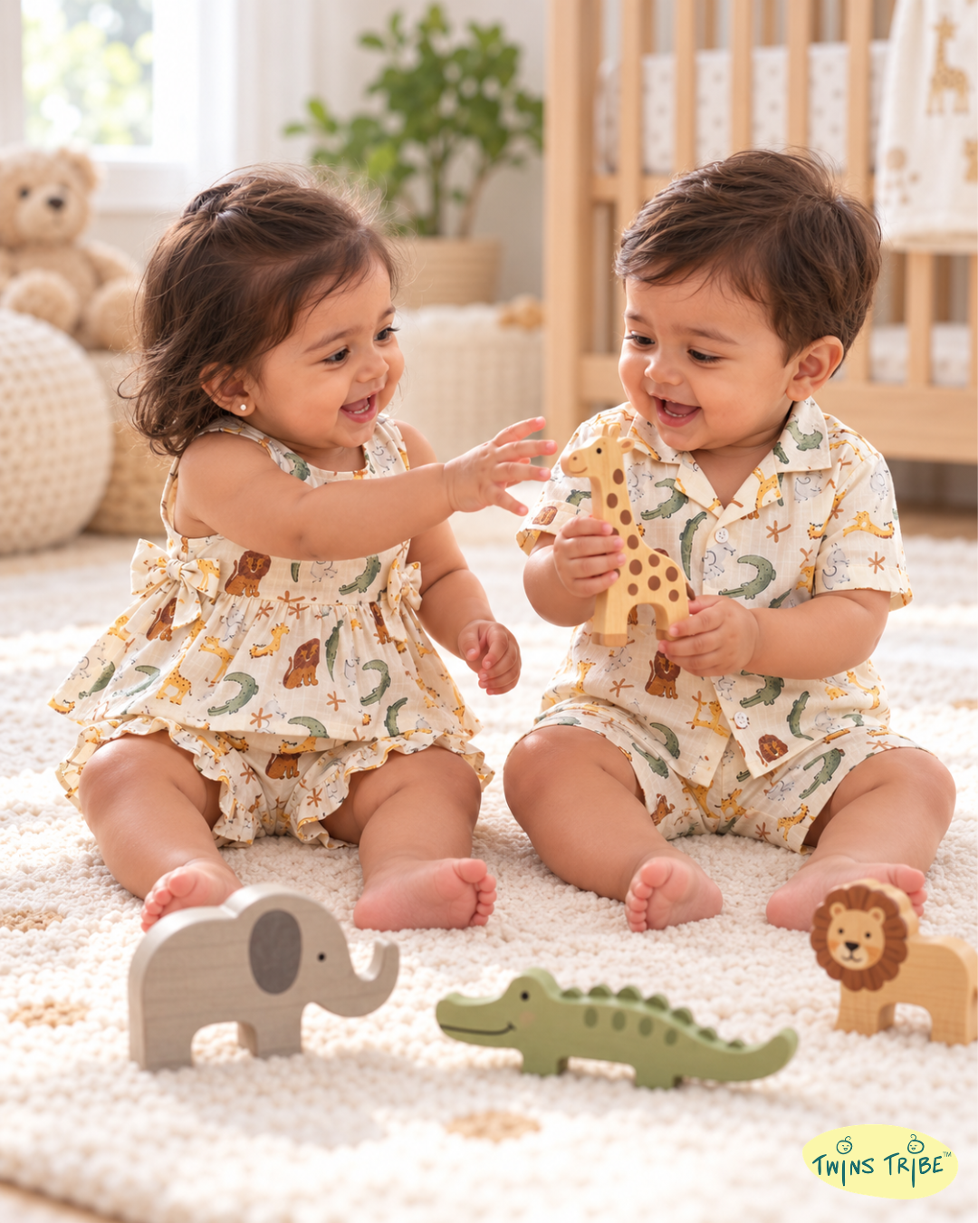 Wild Buddies – Animal-Print Muslin Cotton Co-ord Sets for Twins – TwinsTribe x Chhutkan Celebration Edit (Copy)