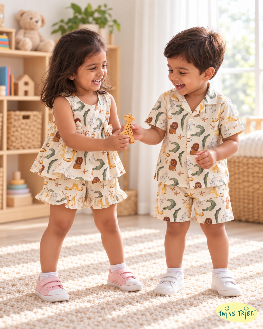 Wild Buddies – Animal-Print Muslin Cotton Co-ord Sets for Twins – TwinsTribe x Chhutkan Celebration Edit (Copy)