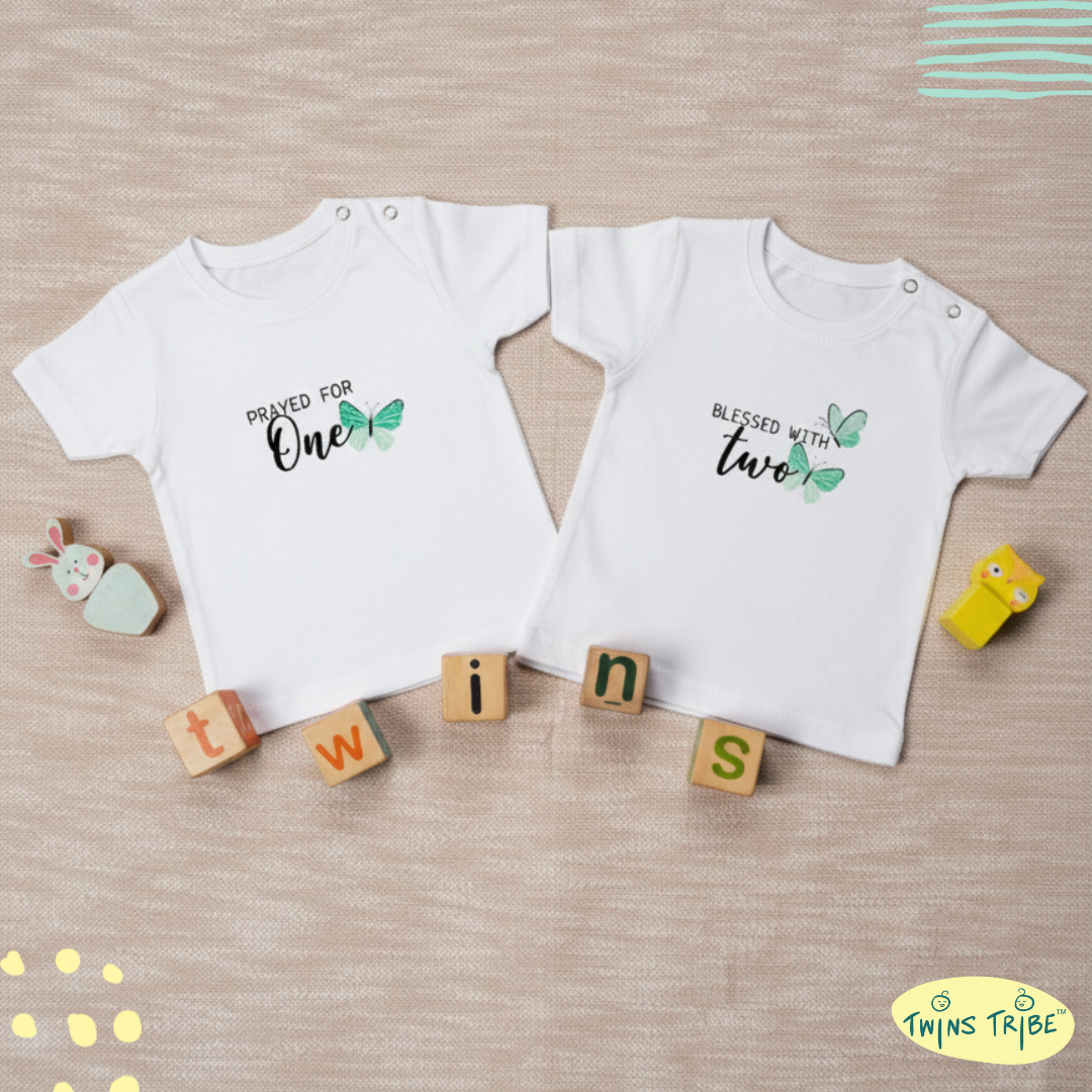 TwinsTribe Twins Tees Set – Prayed for One · Blessed with Two