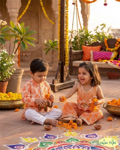 Twin Sunshine – Orange Printed Kurta Pajama & Sharara Set for Twins – TwinsTribe x Chhutkan Celebration Edit