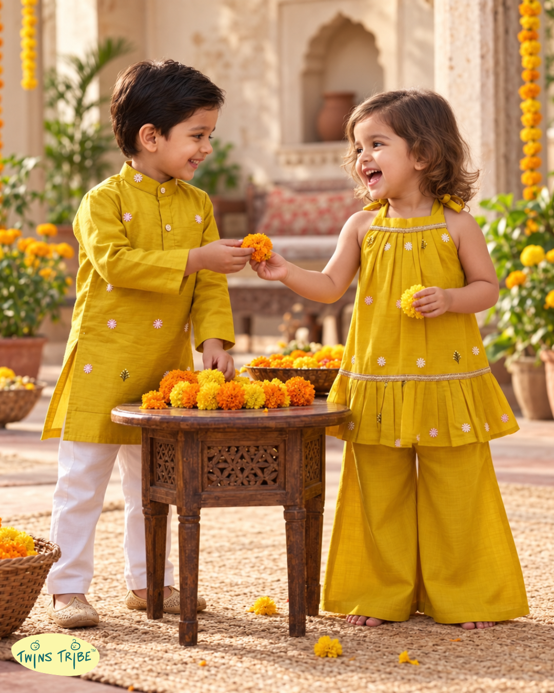 Marigold Moments – Mustard Yellow Embroidered Chanderi Kurta Pajama & Palazzo Set for Twins – TwinsTribe x Chhutkan Celebration Edit