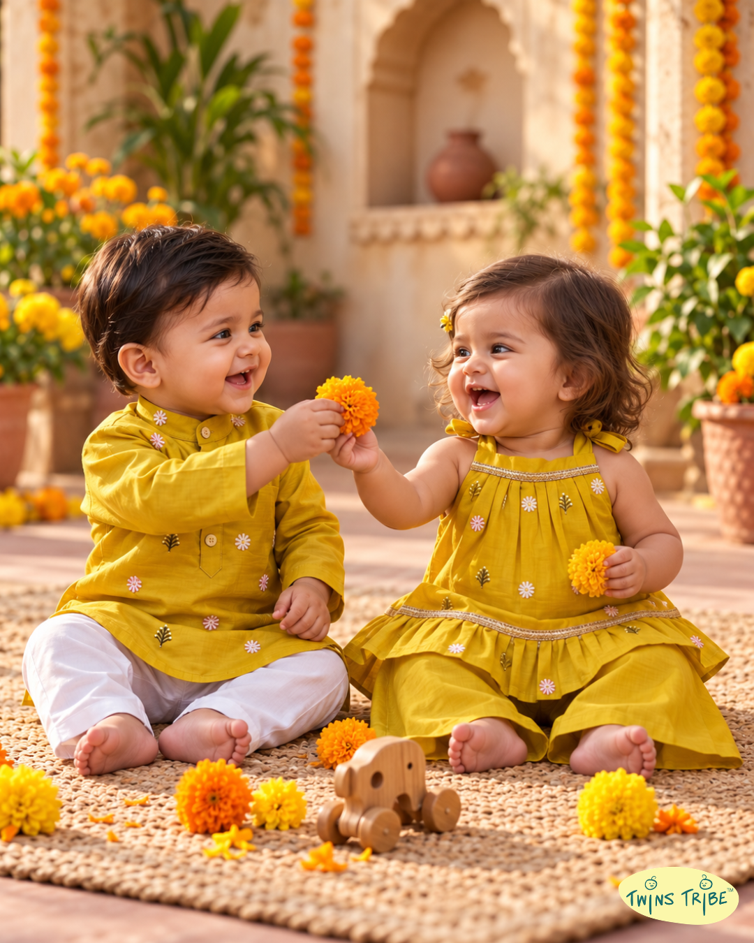 Marigold Moments – Mustard Yellow Embroidered Chanderi Kurta Pajama & Palazzo Set for Twins – TwinsTribe x Chhutkan Celebration Edit