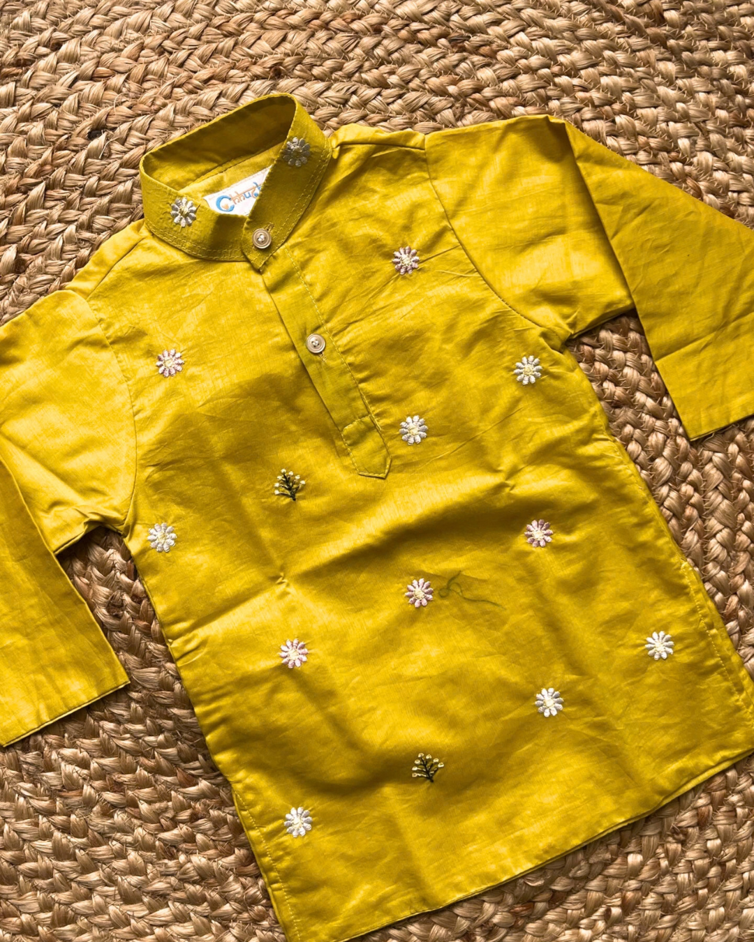 Marigold Moments – Mustard Yellow Embroidered Chanderi Kurta Pajama & Palazzo Set for Twins – TwinsTribe x Chhutkan Celebration Edit