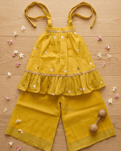 Marigold Moments – Mustard Yellow Embroidered Chanderi Kurta Pajama & Palazzo Set for Twins – TwinsTribe x Chhutkan Celebration Edit