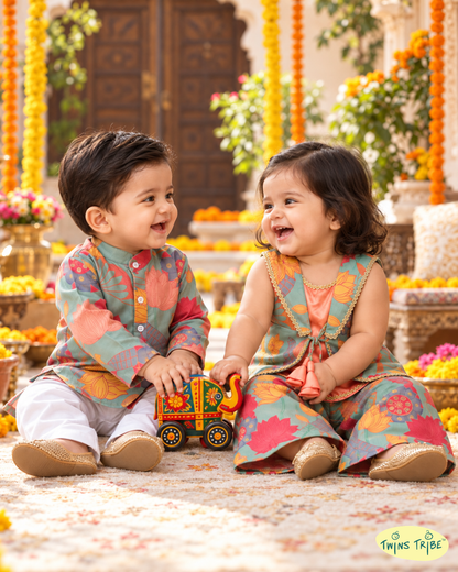 Lotus Lights – Printed Soft Silk Kurta Pajama & Palazzo Set for Boy-Girl Twins – TwinsTribe x Chhutkan Diwali Edit