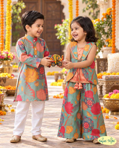 Lotus Lights – Printed Soft Silk Kurta Pajama & Palazzo Set for Boy-Girl Twins – TwinsTribe x Chhutkan Diwali Edit