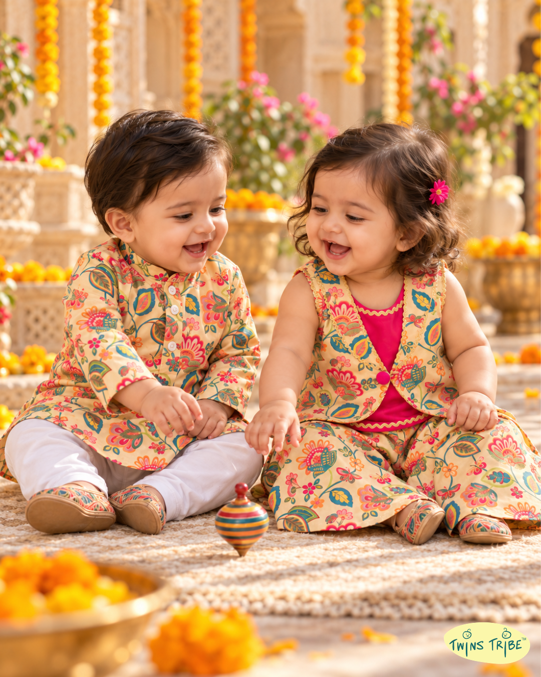 Rang Gulzar – Printed Soft Silk Kurta Pajama & Palazzo Set for Boy-Girl Twins – TwinsTribe x Chhutkan Diwali Edit