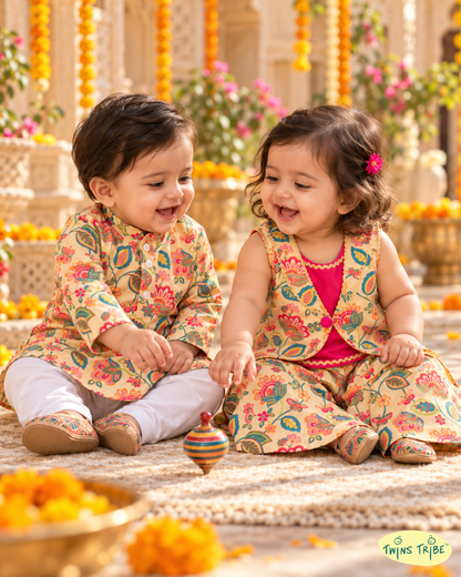 Rang Gulzar – Printed Soft Silk Kurta Pajama & Palazzo Set for Boy-Girl Twins – TwinsTribe x Chhutkan Diwali Edit