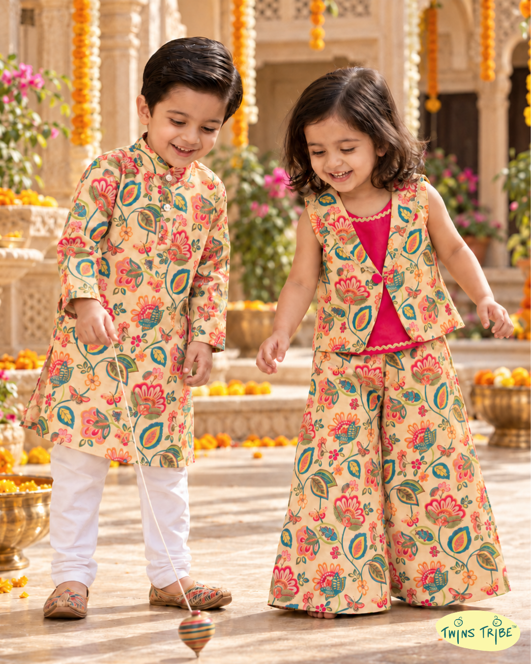 Rang Gulzar – Printed Soft Silk Kurta Pajama & Palazzo Set for Boy-Girl Twins – TwinsTribe x Chhutkan Diwali Edit