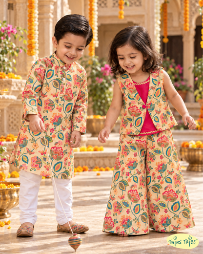 Rang Gulzar – Printed Soft Silk Kurta Pajama & Palazzo Set for Boy-Girl Twins – TwinsTribe x Chhutkan Diwali Edit