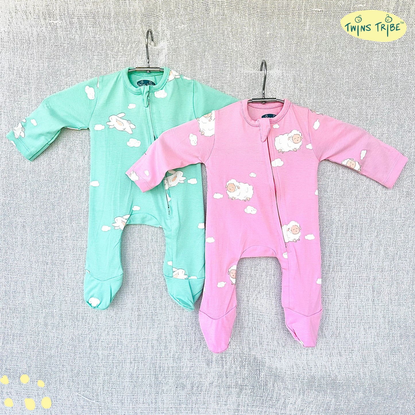 TwinsTribe Twins Rompers Set – Sheep and Bunnies