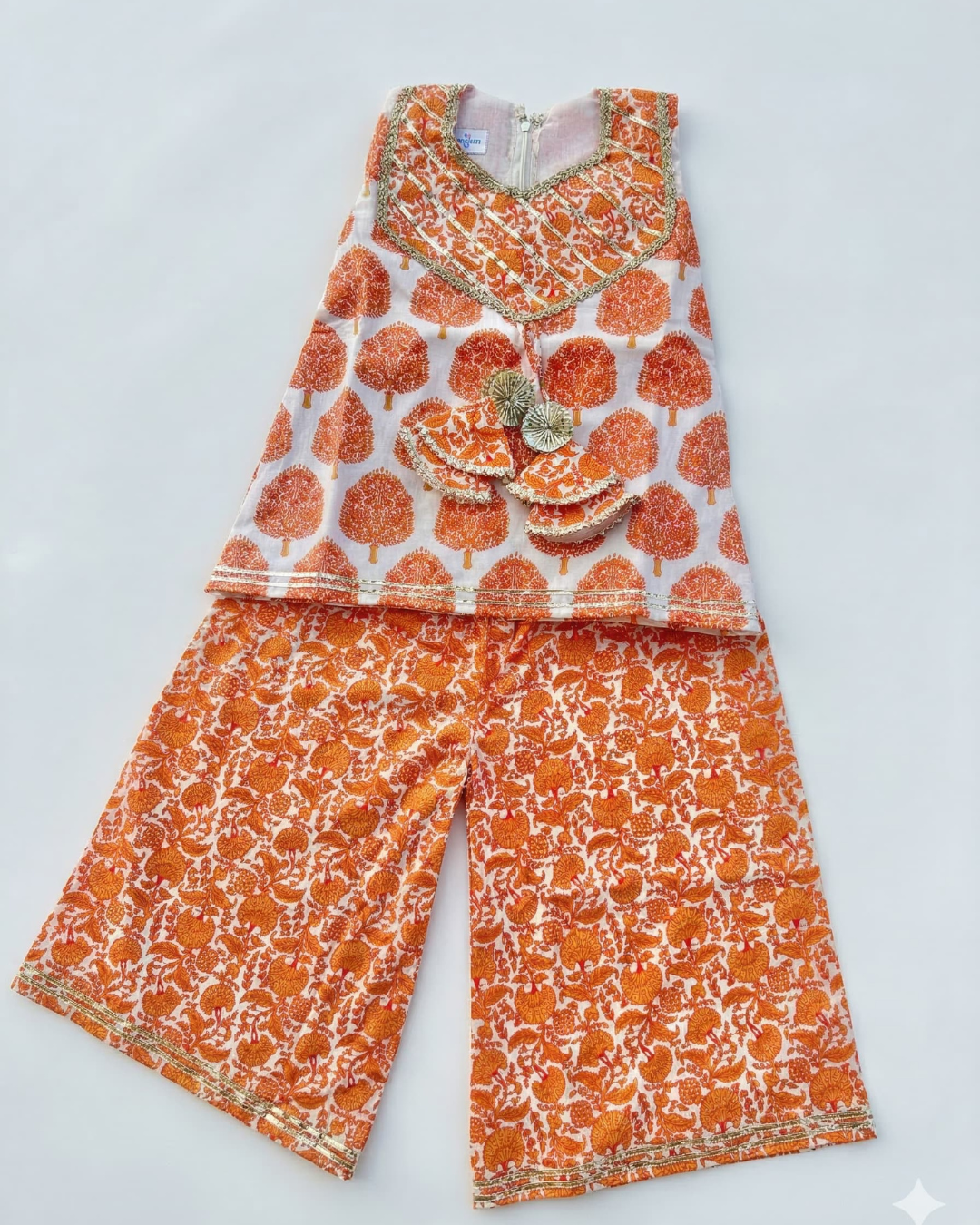Twin Sunshine – Orange Printed Kurta Pajama & Sharara Set for Twins – TwinsTribe x Chhutkan Celebration Edit