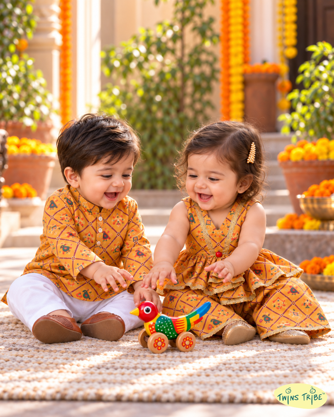 Patola Pair – Mustard Yellow Patola-Print Soft Silk Kurta Pajama & Palazzo Set for Twins – TwinsTribe X Chhutkan Diwali Edit
