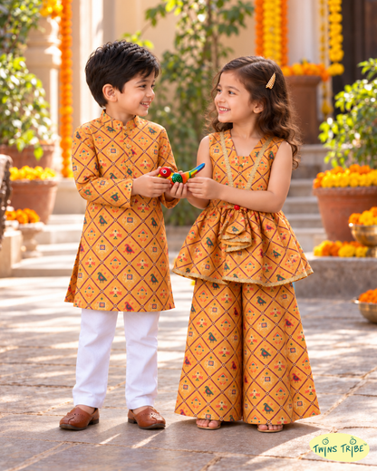 Patola Pair – Mustard Yellow Patola-Print Soft Silk Kurta Pajama & Palazzo Set for Twins – TwinsTribe X Chhutkan Diwali Edit