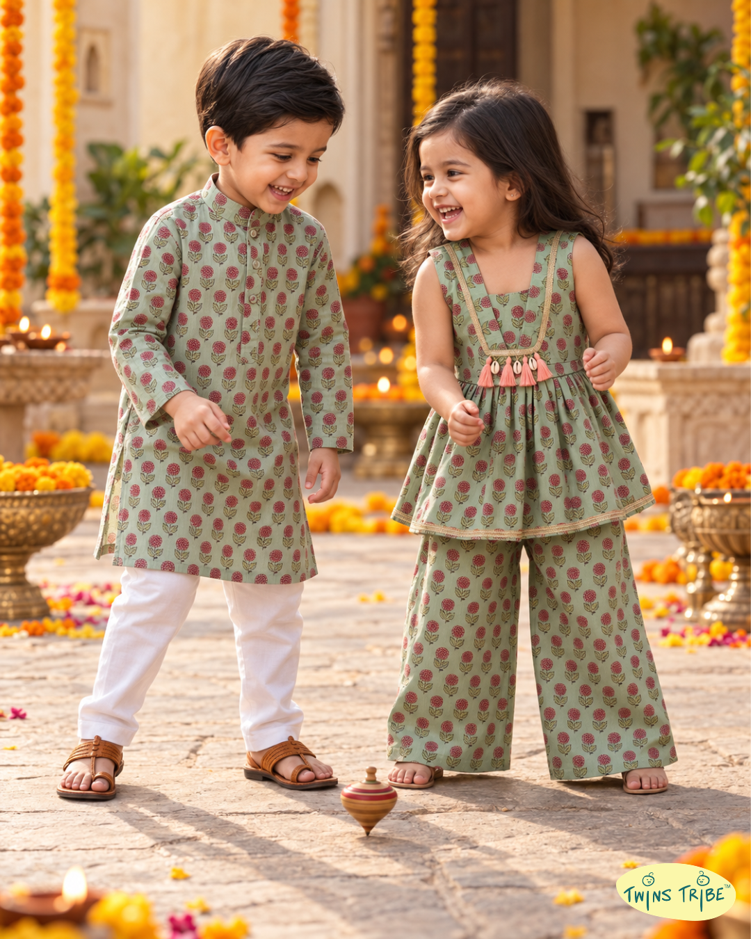 Mehendi Gulzar – Sage Green Floral Soft Silk Kurta Pajama & Palazzo Set for Twins – TwinsTribe X Chhutkan Diwali Edit