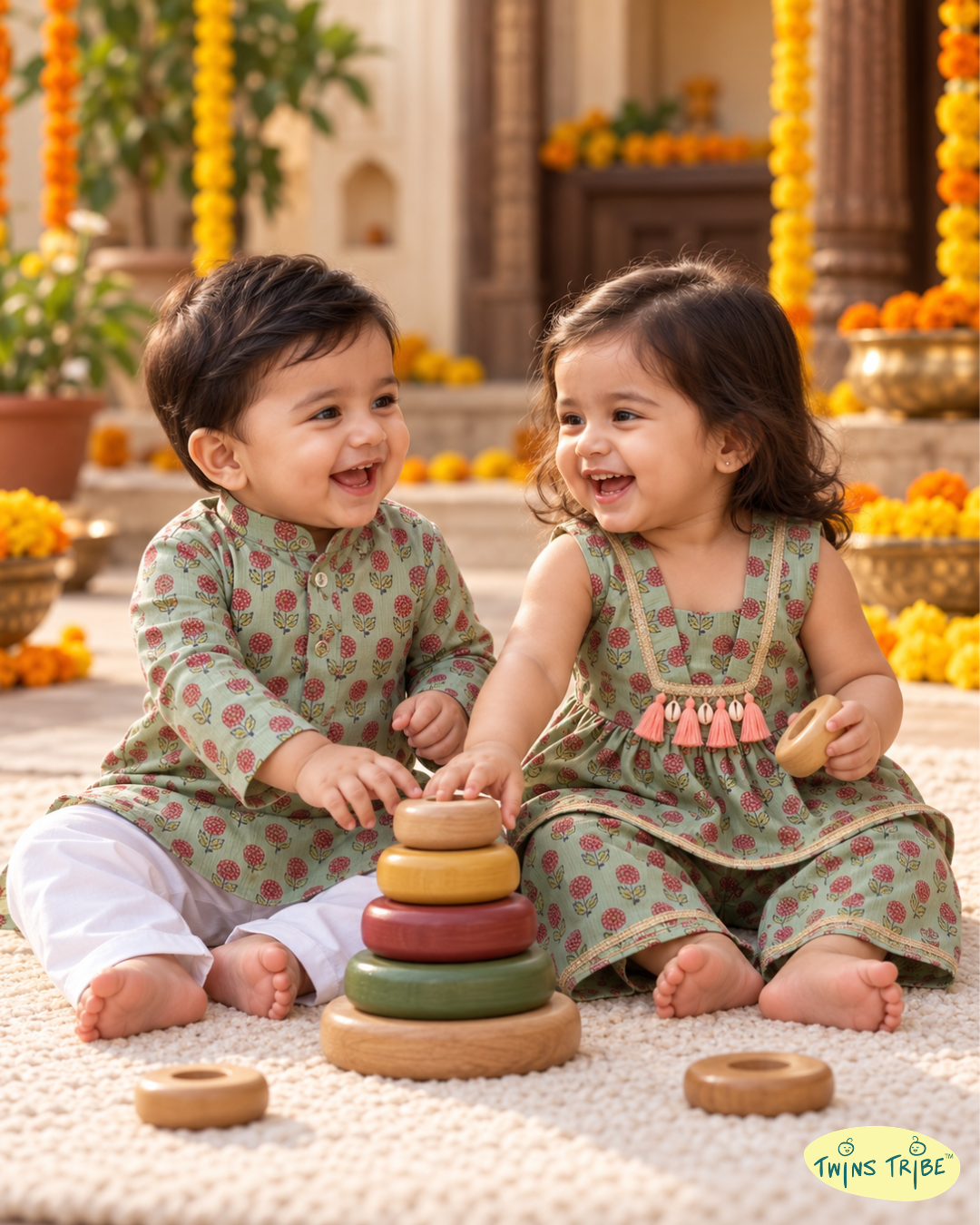 Mehendi Gulzar – Sage Green Floral Soft Silk Kurta Pajama & Palazzo Set for Twins – TwinsTribe X Chhutkan Diwali Edit