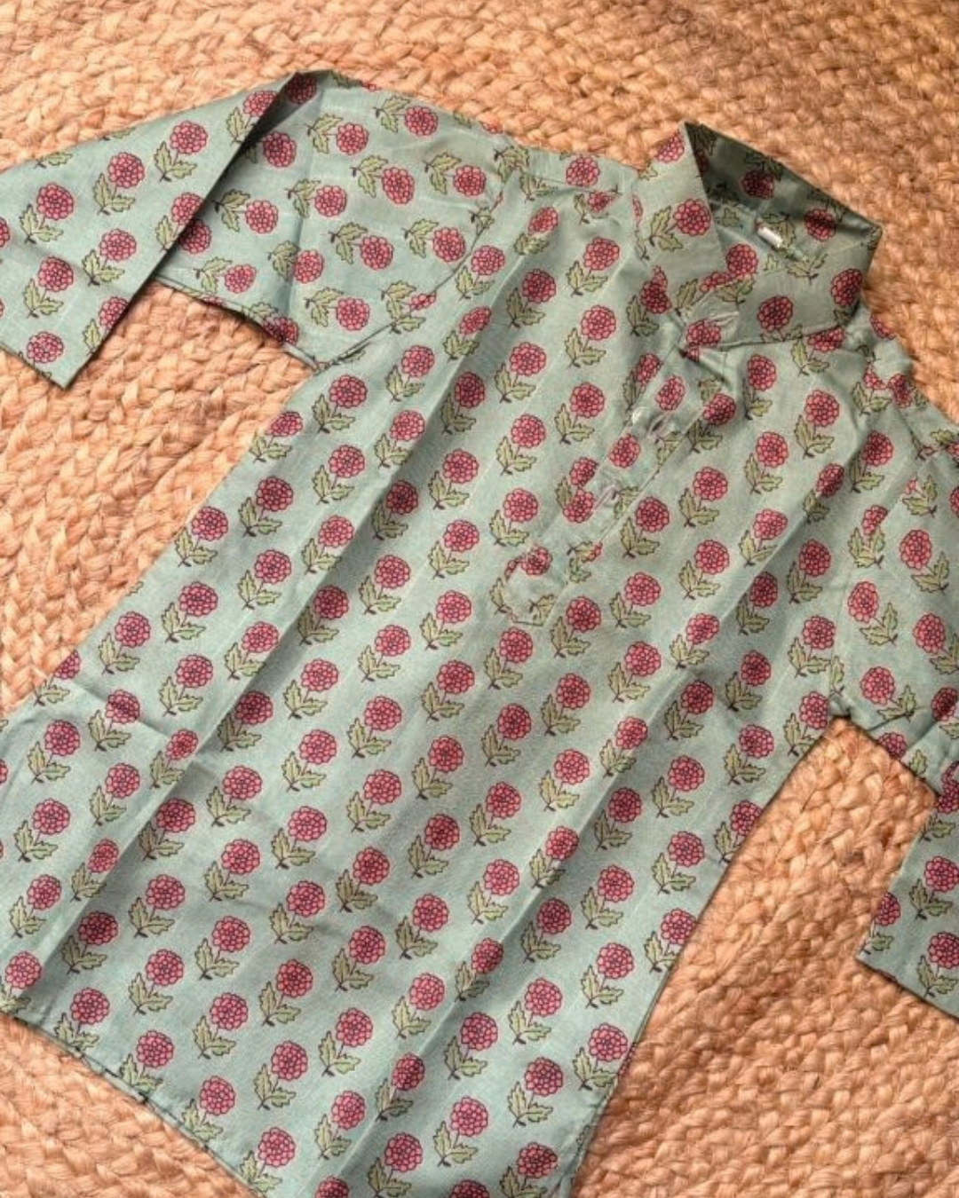 Mehendi Gulzar – Sage Green Floral Soft Silk Kurta Pajama & Palazzo Set for Twins – TwinsTribe X Chhutkan Diwali Edit