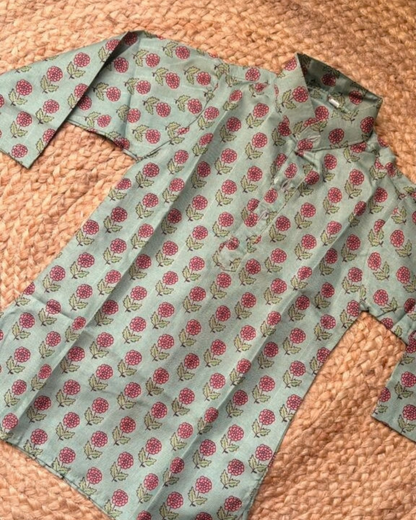 Mehendi Gulzar – Sage Green Floral Soft Silk Kurta Pajama & Palazzo Set for Twins – TwinsTribe X Chhutkan Diwali Edit