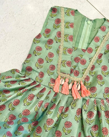 Mehendi Gulzar – Sage Green Floral Soft Silk Kurta Pajama & Palazzo Set for Twins – TwinsTribe X Chhutkan Diwali Edit