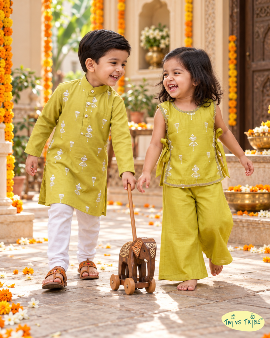 Mogra Mehendi – Green Embroidered Mul Chanderi Kurta Pajama & Three-Piece Palazzo Set for Twins– TwinsTribe X Chhutkan Diwali Edit