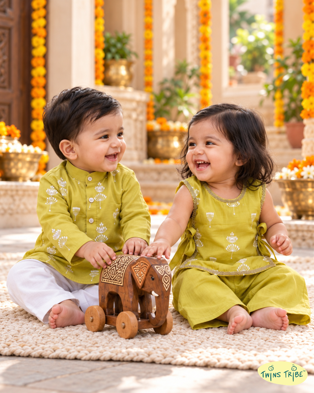 Mogra Mehendi – Green Embroidered Mul Chanderi Kurta Pajama & Three-Piece Palazzo Set for Twins– TwinsTribe X Chhutkan Diwali Edit
