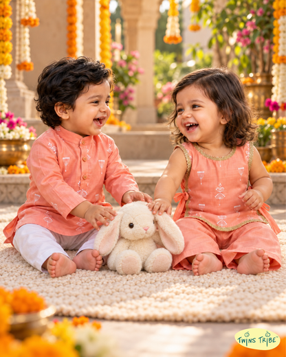 Peach Petals – Peach Embroidered Mul Chanderi Kurta Pajama & Palazzo Set for Twins – TwinsTribe X Chhutkan Diwali Edit