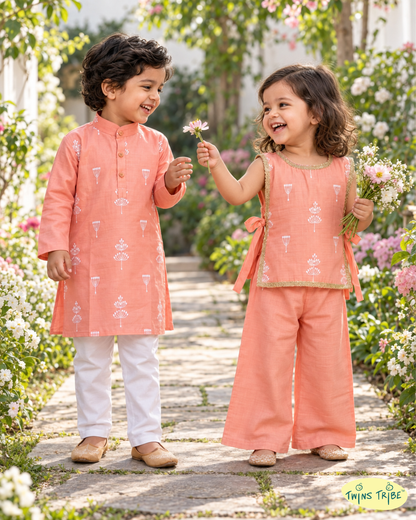 Peach Petals – Peach Embroidered Mul Chanderi Kurta Pajama & Palazzo Set for Twins – TwinsTribe X Chhutkan Diwali Edit