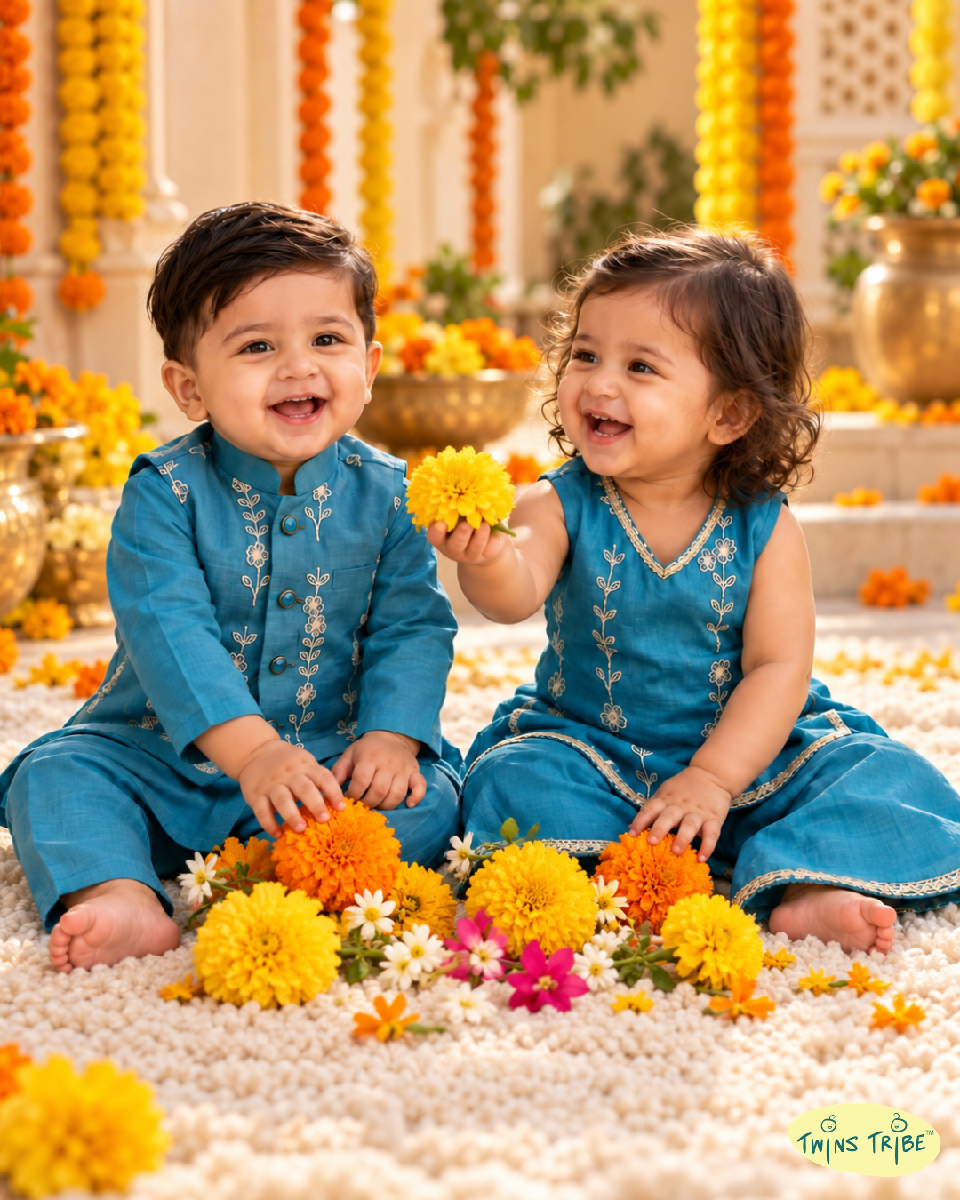 Mor Mahal – Peacock Blue Embroidered Mul Chanderi Koti Kurta Pajama & Palazzo Set for Twins – TwinsTribe X Chhutkan Diwali Edit
