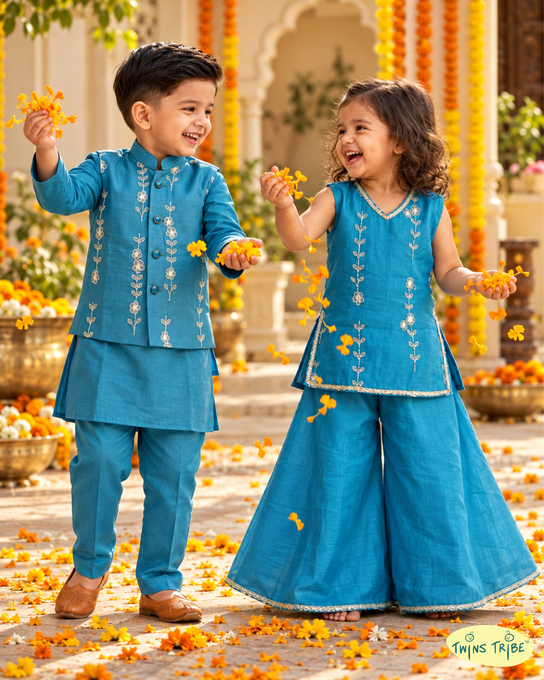 Mor Mahal – Peacock Blue Embroidered Mul Chanderi Koti Kurta Pajama & Palazzo Set for Twins – TwinsTribe X Chhutkan Diwali Edit