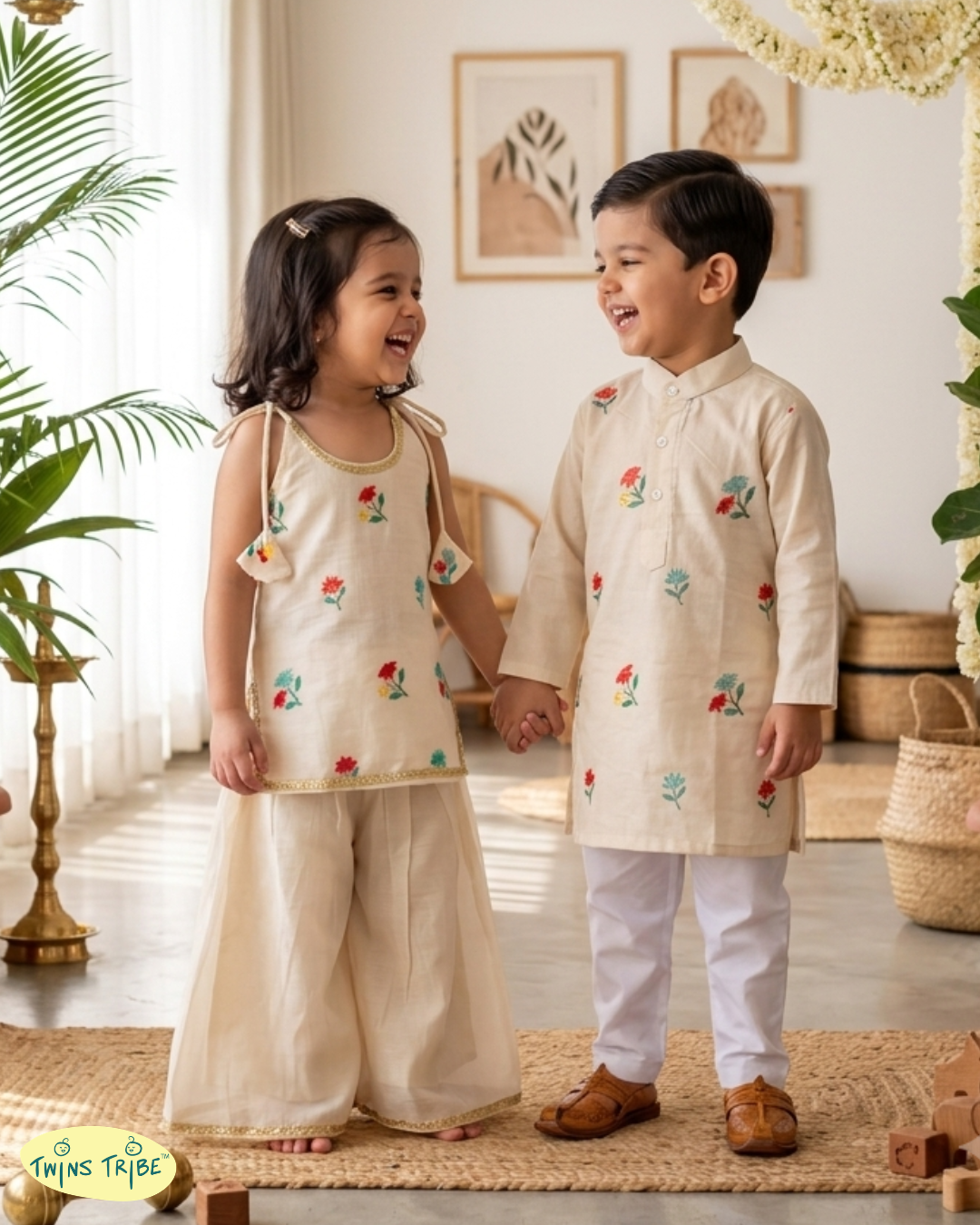 Twin Petals – Cream Embroidered Chanderi Kurta Pajama & Palazzo Set for Twins – TwinsTribe x Chhutkan Celebration Edit
