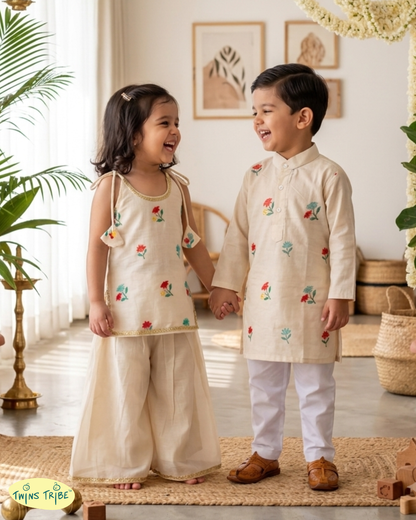 Twin Petals – Cream Embroidered Chanderi Kurta Pajama & Palazzo Set for Twins – TwinsTribe x Chhutkan Celebration Edit
