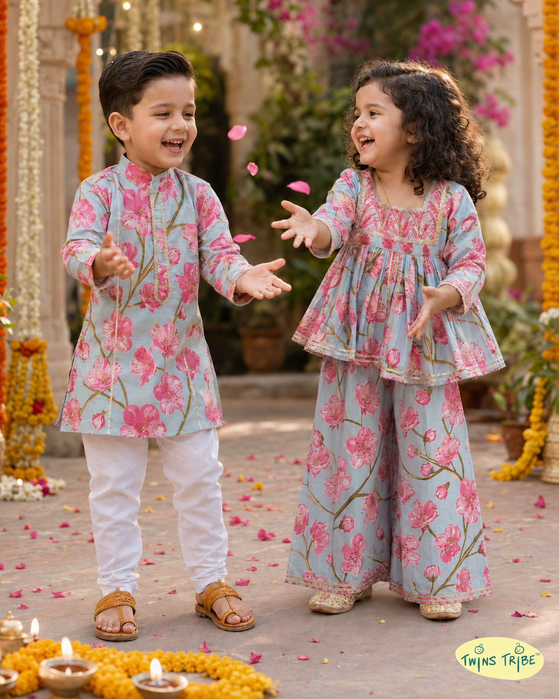Twin Bloom – Firozi Floral Kurta Pajama & Palazzo Set for Twins – TwinsTribe x Chhutkan Celebration Edit